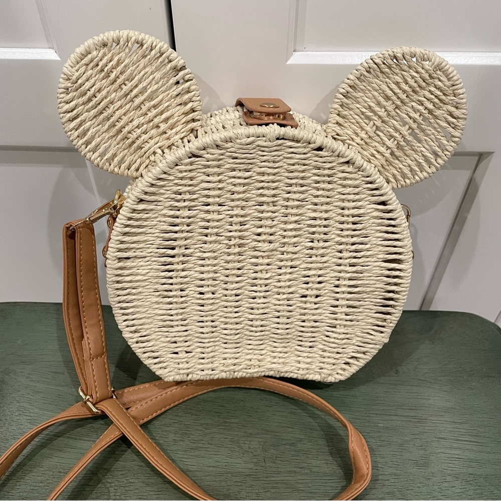 NEW MICKEY MOUSE INSPIRED TAN RATTAN STRAW BAG WITH STRAP
